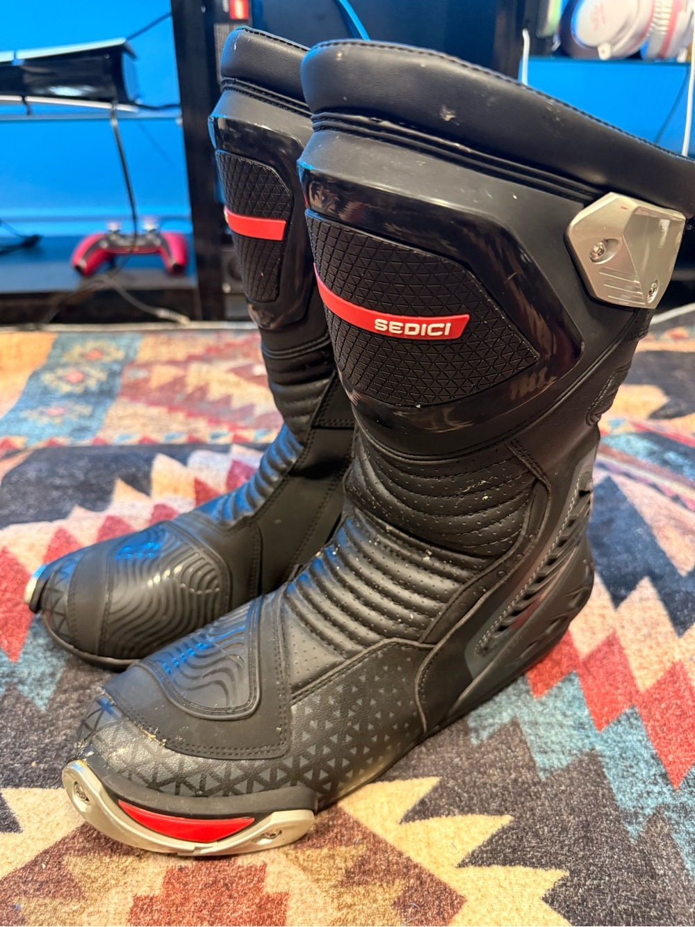 Men's Black Motorcycle Boots with Red Accents